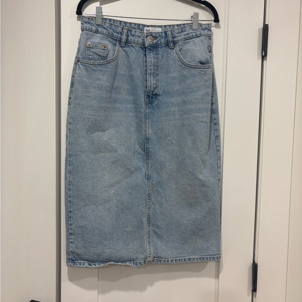 Zara Light Blue Denim Midi Skirt